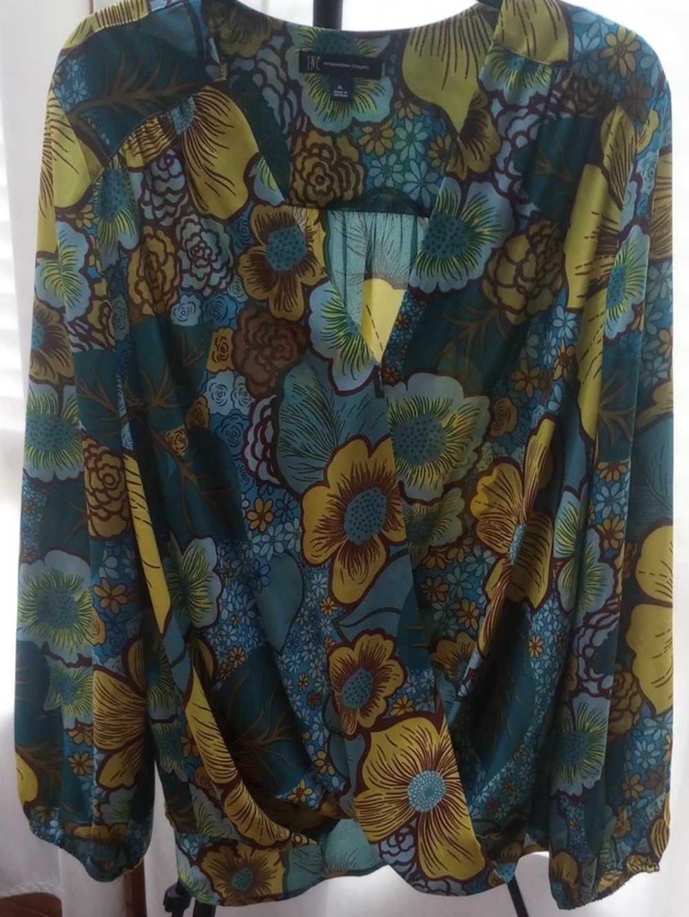 INC International Concepts Teal and Mustard Floral Wrap Blouse
